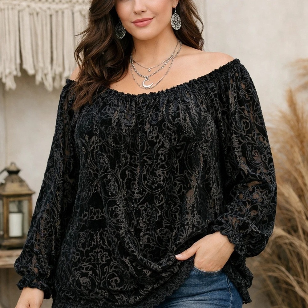Burnout Velvet Peasant Blouse Sz L Black Boho Goth Sheer Festival Top‎ Tantrums